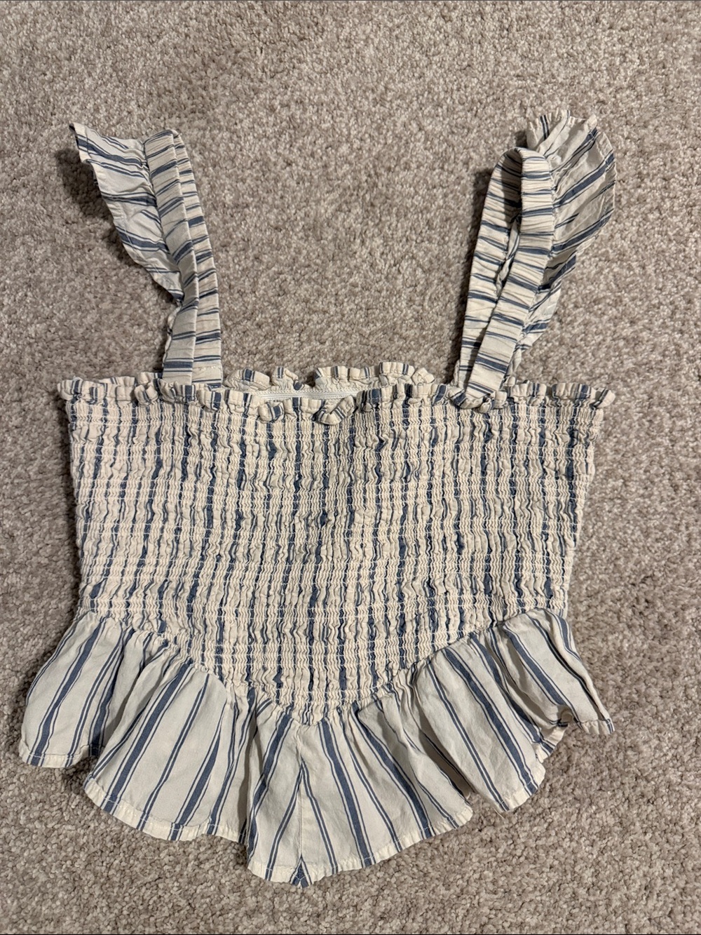 American Eagle Striped Smocked Ruffle Crop Top - Blue/White